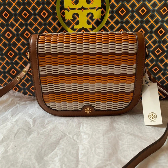 Tory Burch Handbags - Tory Burch Emerson Woven Crossbody Bag Multicolor Orange White Tan Brown Gold